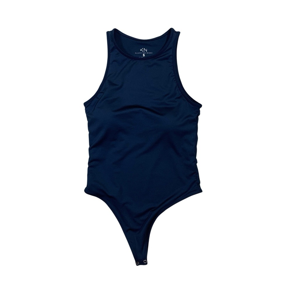 Klassy Network Blue High Neck Sleeveless Bodysuit Stretch Minimalist S